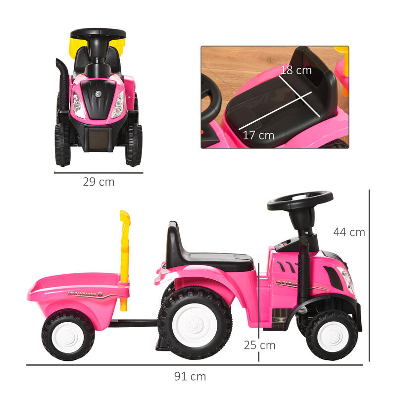 HOMCOM Tractor con Remolque para Niños 12-36 Meses con Faros Pala y Rastrillo