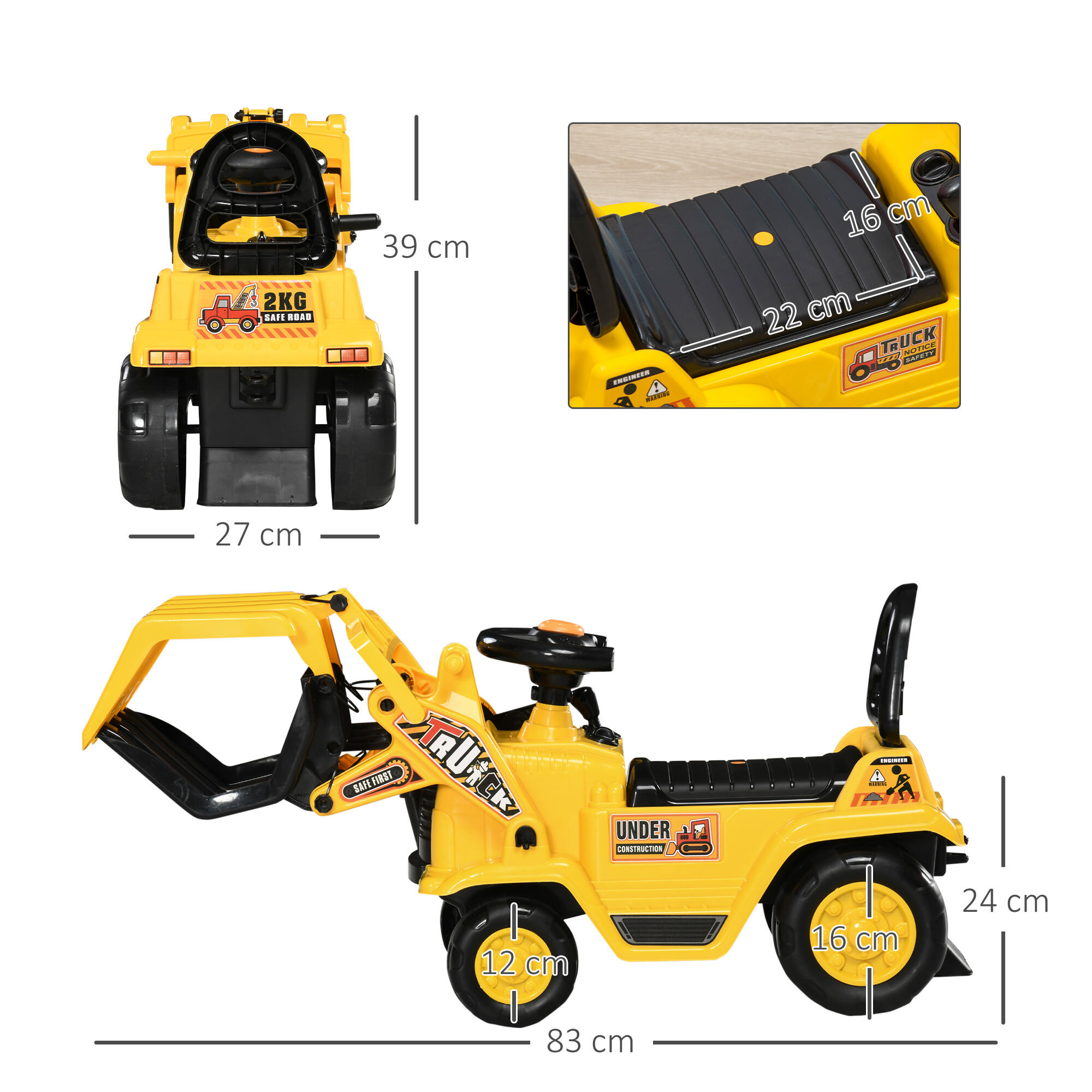 HOMCOM Escavatore per Bambini 2-4 Anni Manuale con Pinza in PP e ABS Giallo Nero 3/7