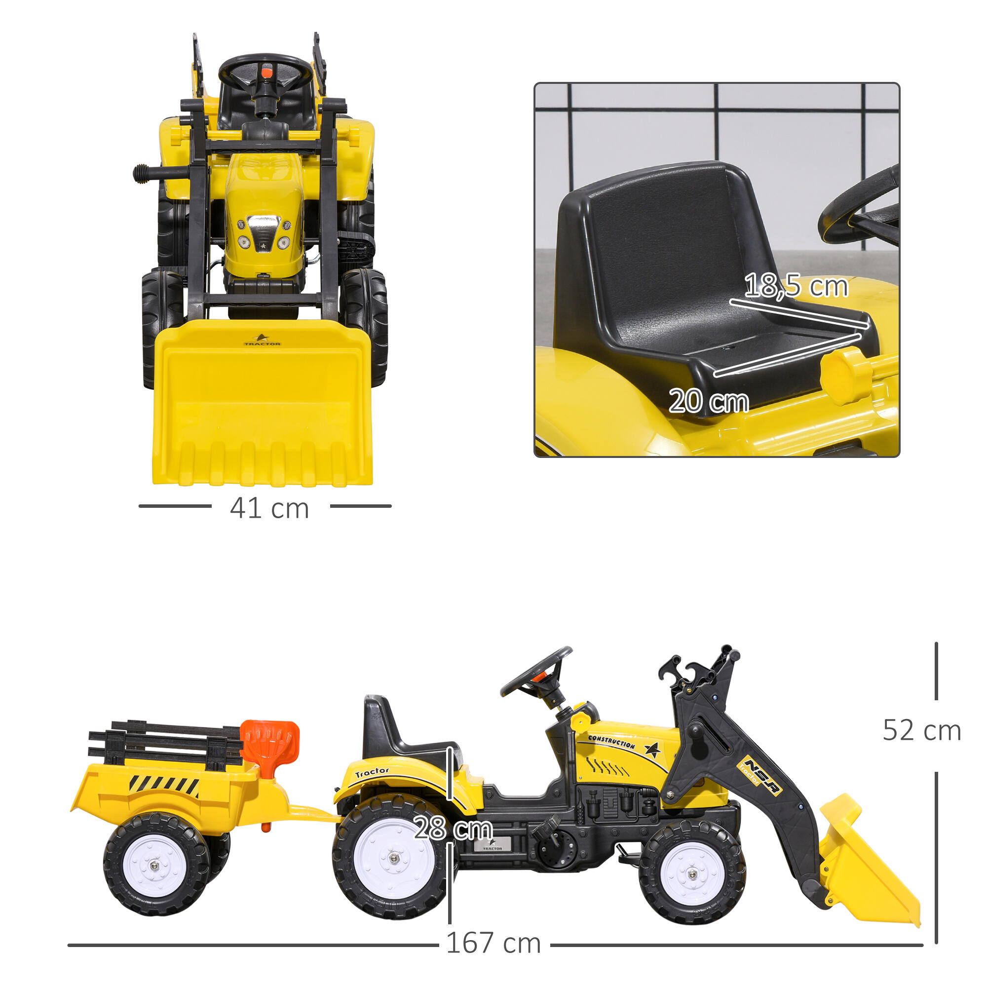 Trator a pedais para crianças 167x41x52 cm amarelo e preto HOMCOM 3/7