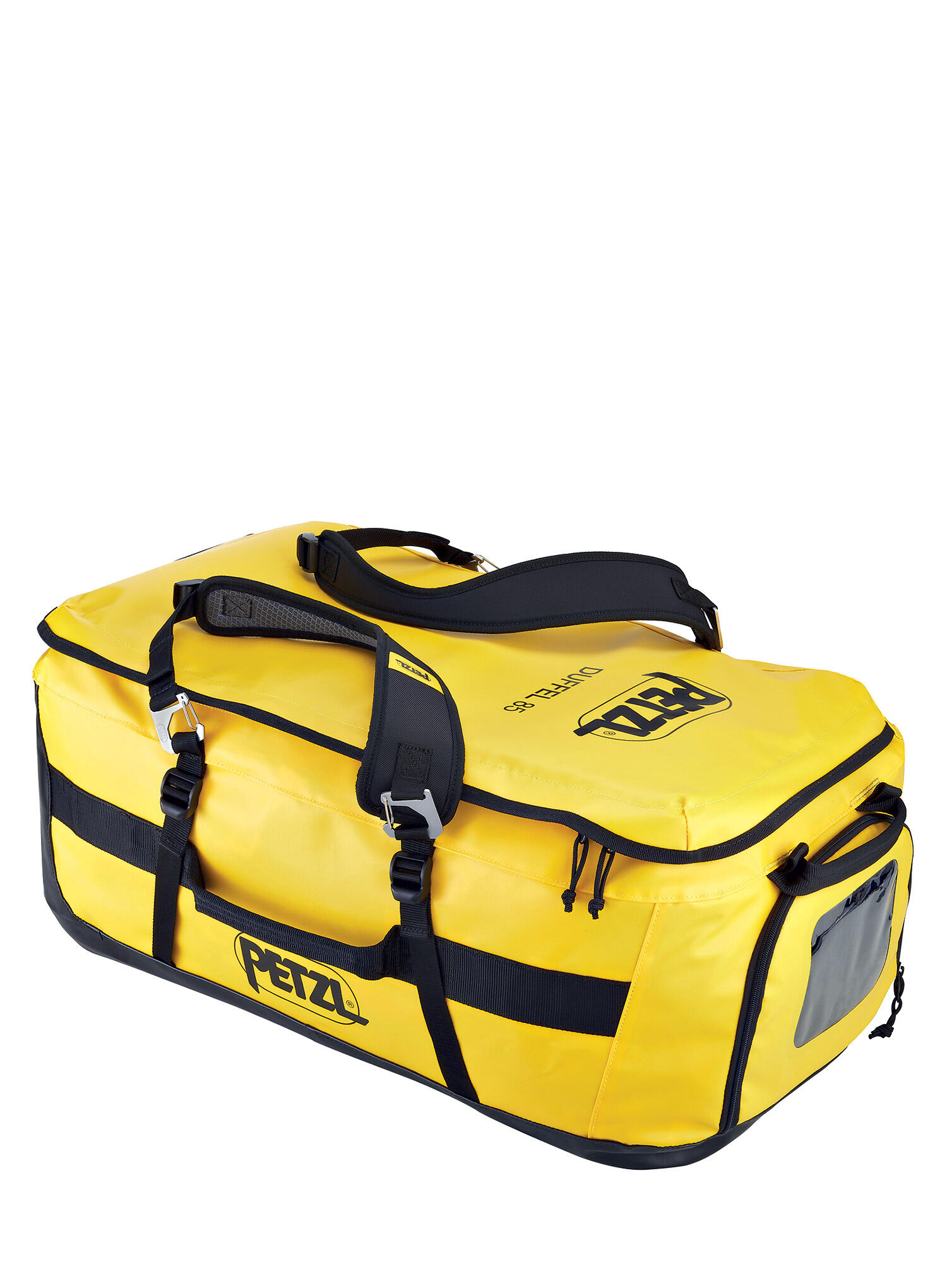 PETZL Reisetasche 85 L aus TPU-Gewebe, gelb, gepolsterter Rücken 3/4