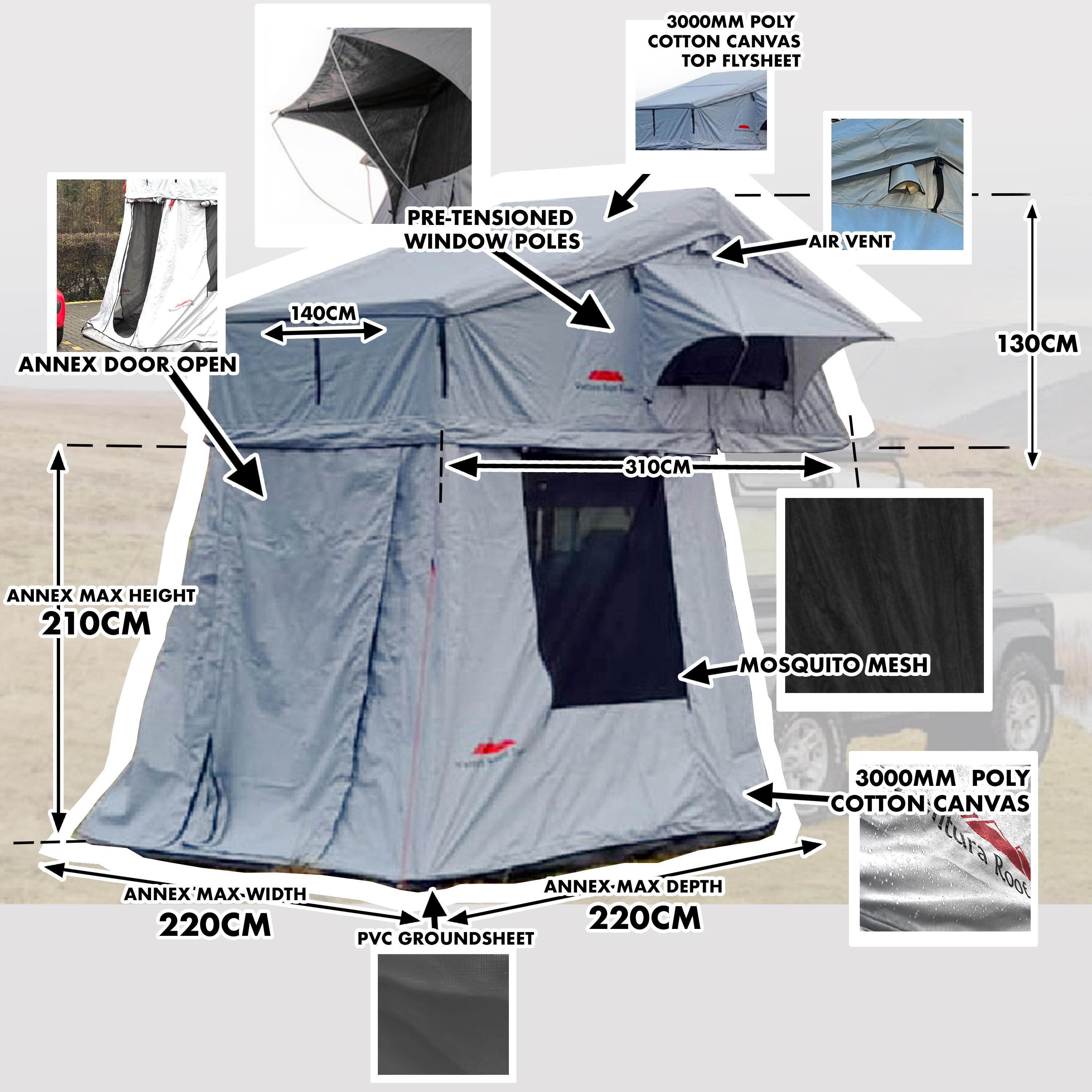 Extended Ventura Deluxe 1.4 Roof Top Tent + Annex + 270 Awning 2/7