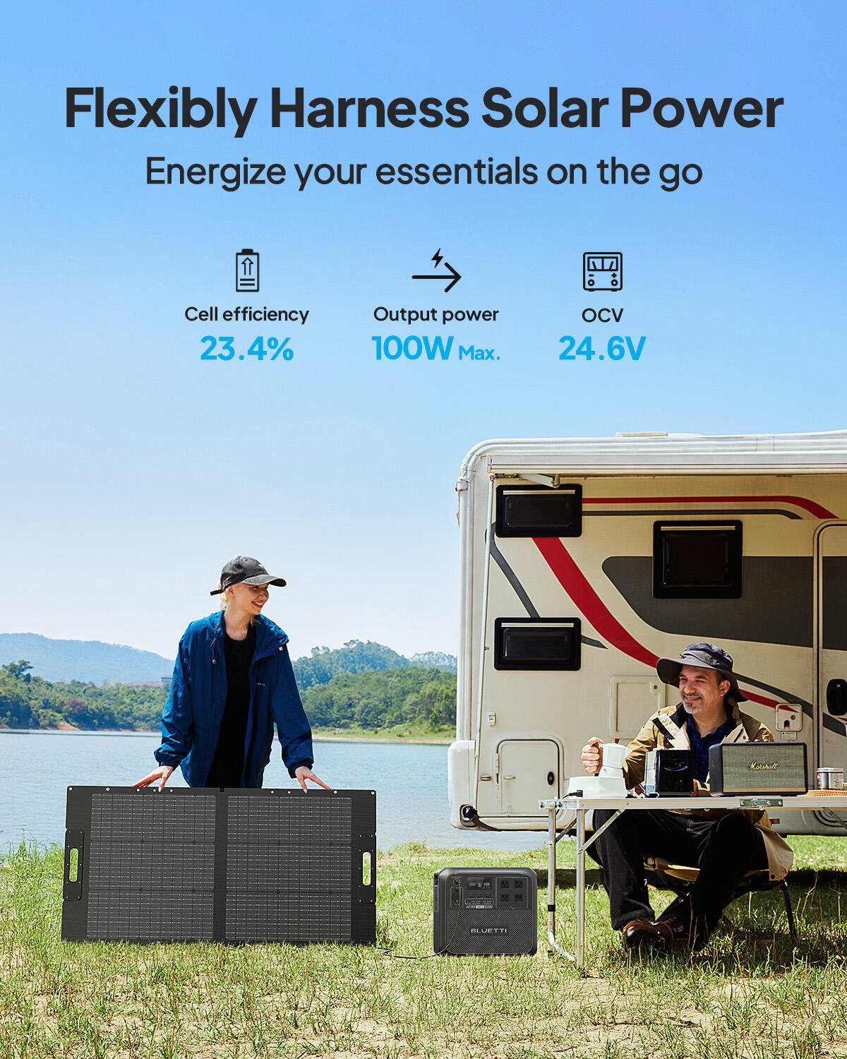 Painel solar 100W para dobrável com suporte ajustável para camping e viagens 2/7