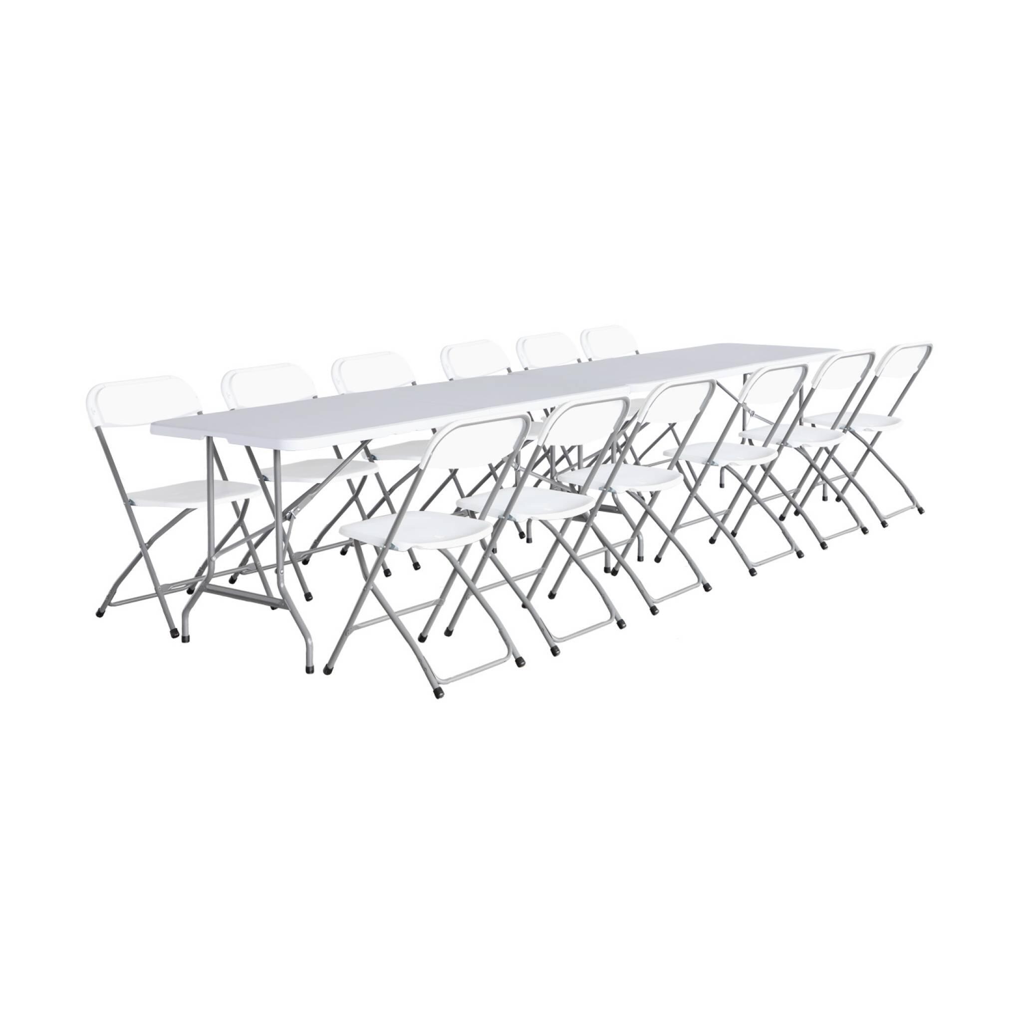 2er-Set zusammenklappbare Partytische aus weißem Kunststoff 180 cm + 12 Stühle