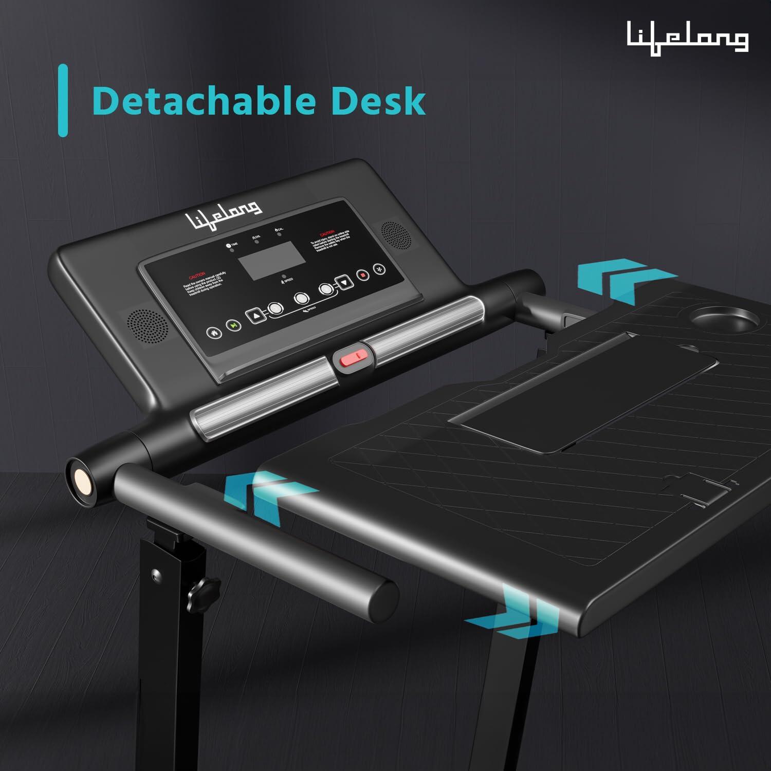Lifelong Treadmill for Home with Desk - 2.5 HP Peak Motorised Walking Pad, 2 Manual Inclines, 12 Fitness Presets, Speed 14 km/hr