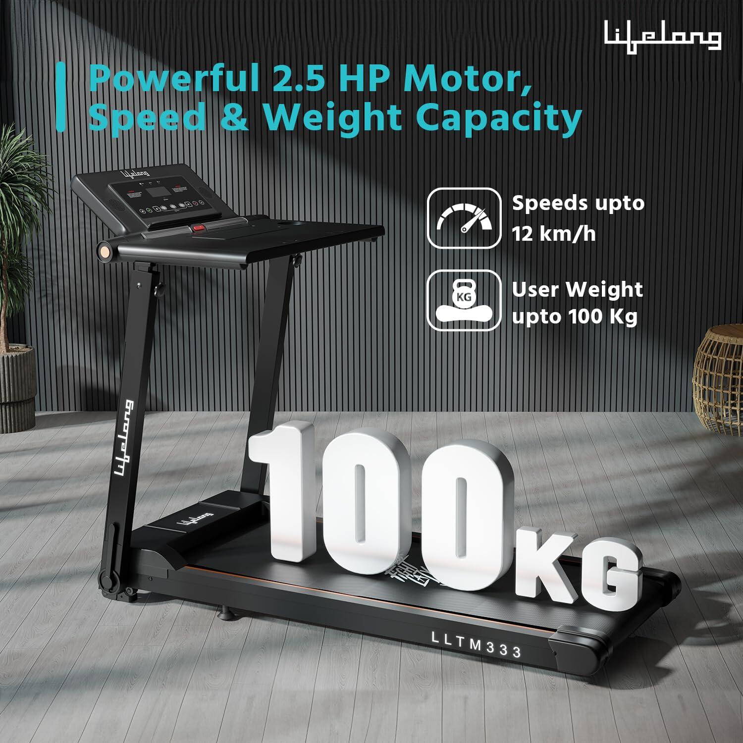 Lifelong Treadmill for Home with Desk - 2.5 HP Peak Motorised Walking Pad, 2 Manual Inclines, 12 Fitness Presets, Speed 14 km/hr