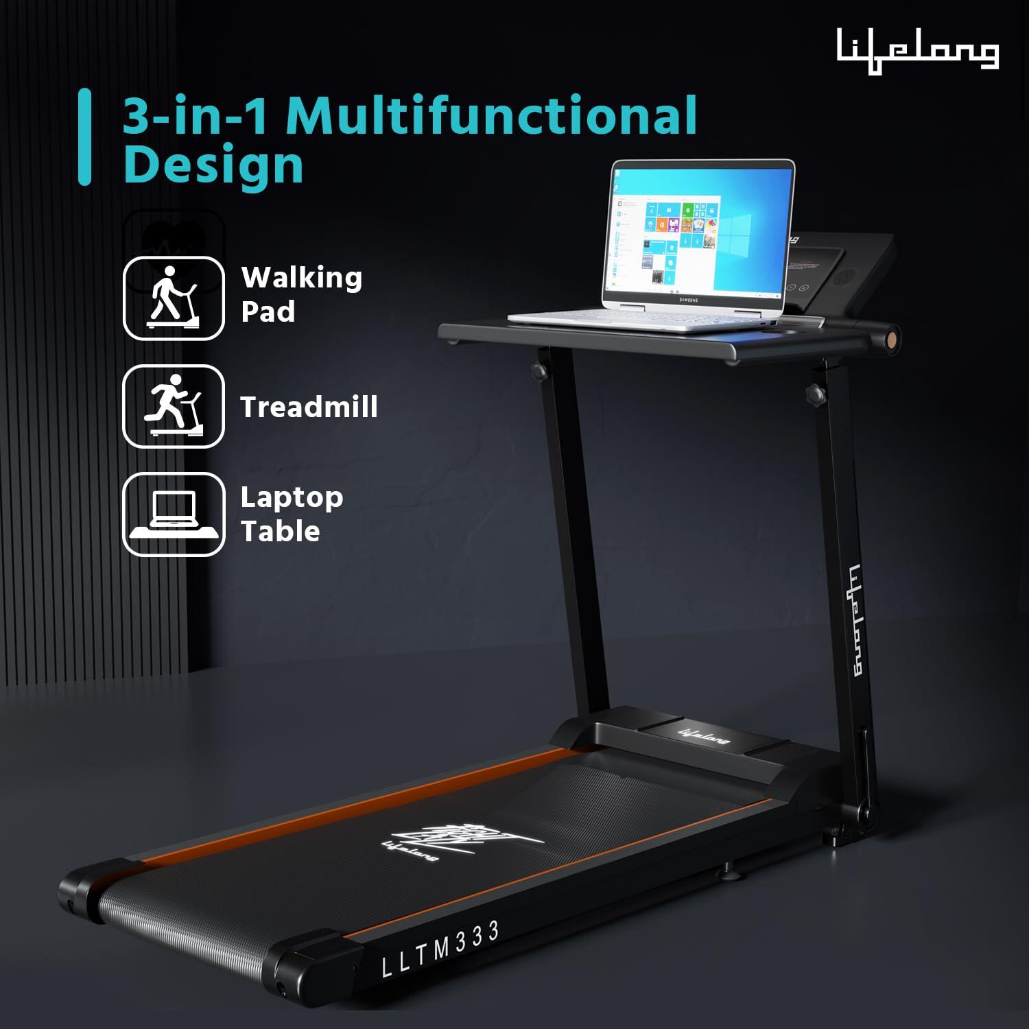 Lifelong Treadmill for Home with Desk - 2.5 HP Peak Motorised Walking Pad, 2 Manual Inclines, 12 Fitness Presets, Speed 14 km/hr