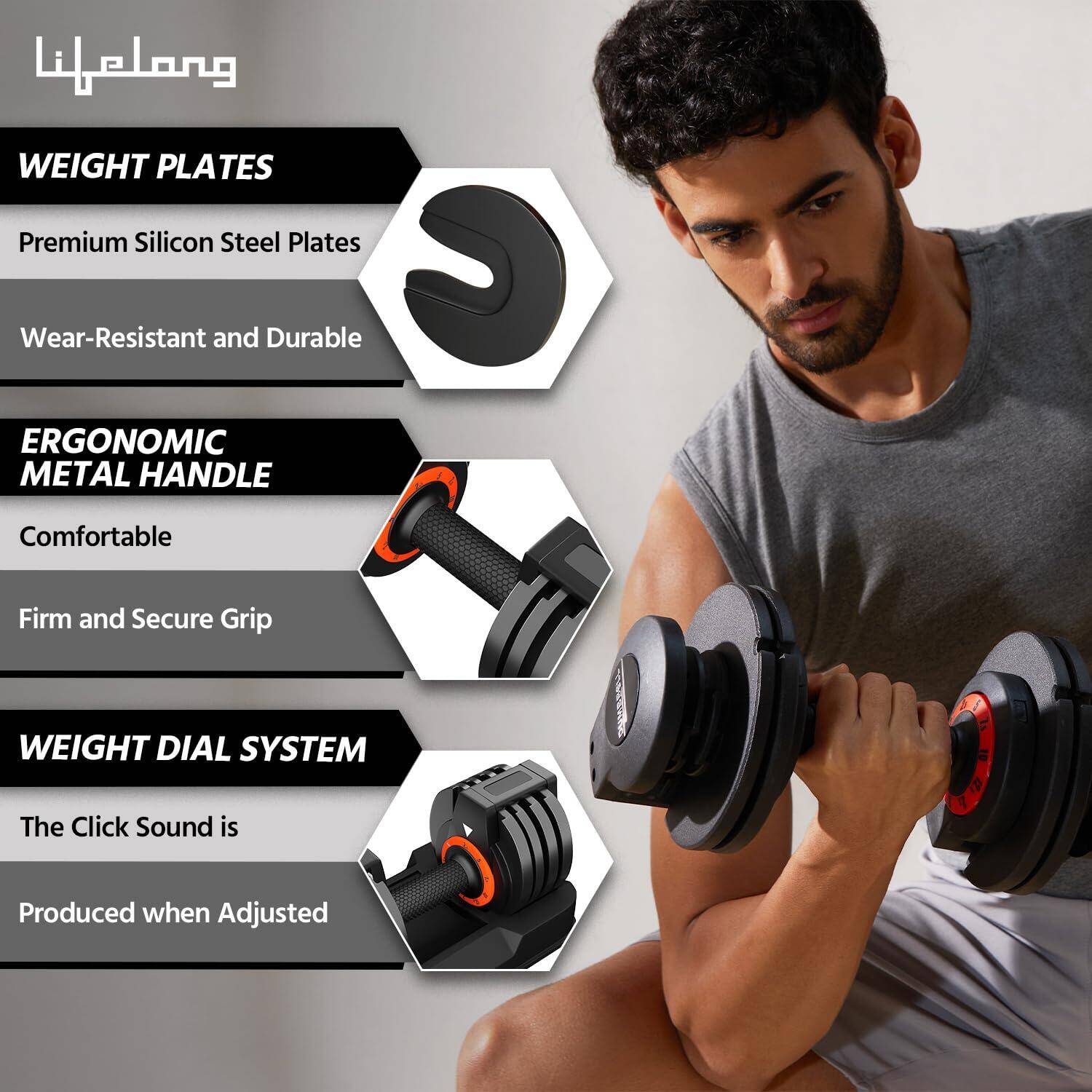 Lifelong Iron Single Adjustable Dumbbells Set For Men&Women|Home Gym Equipment For Fitness&Home Workout|Gym Dumbbells|Easy Weight Adjustment (2.5Kg To 12.5Kg)-Black, Llad02 -  3