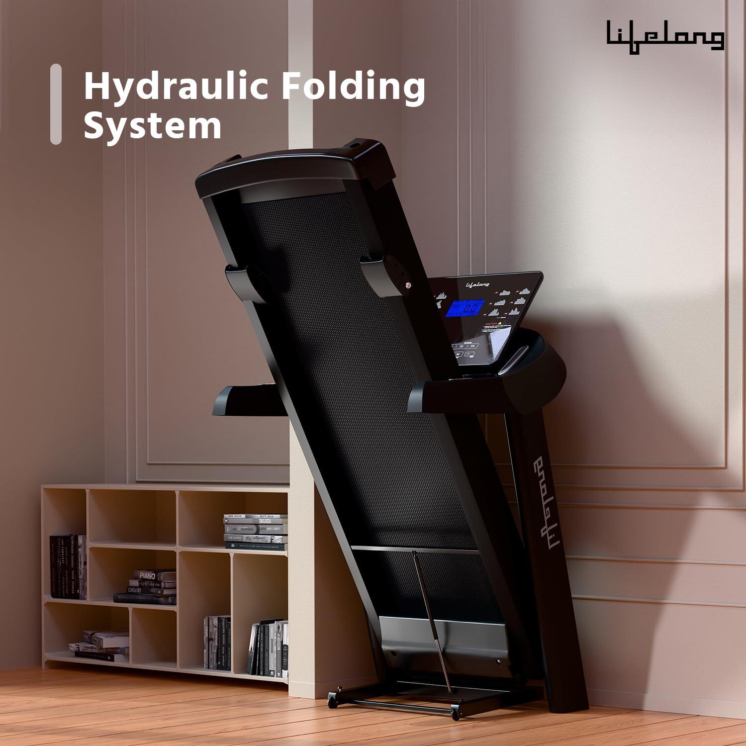 Lifelong Treadmill for Home Use - 4.5 HP Peak Motorized Foldable Treadmill, 3 Level Manual Incline with Max Running Speed 14 km/