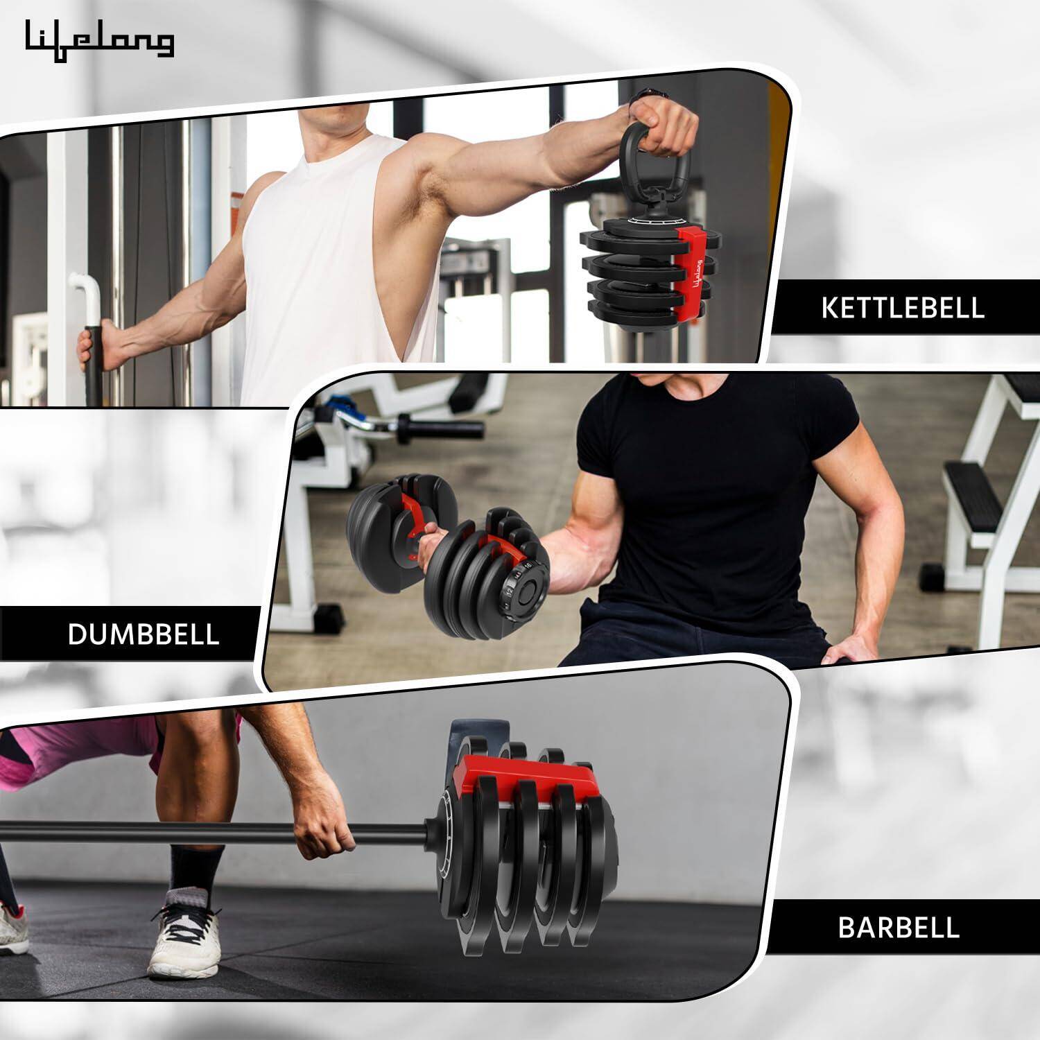 Lifelong Iron 3 In 1 Adjustable Dumbbell-1.5 Kg-18 Kg Weight Adjustment,2 Kg-19 Kg Barbell Extension,1 Kg-10 Kg Kettlebell-Easy Adjustments-Fitness Workout Home Gym Equipment For Men&Women,Black -  2