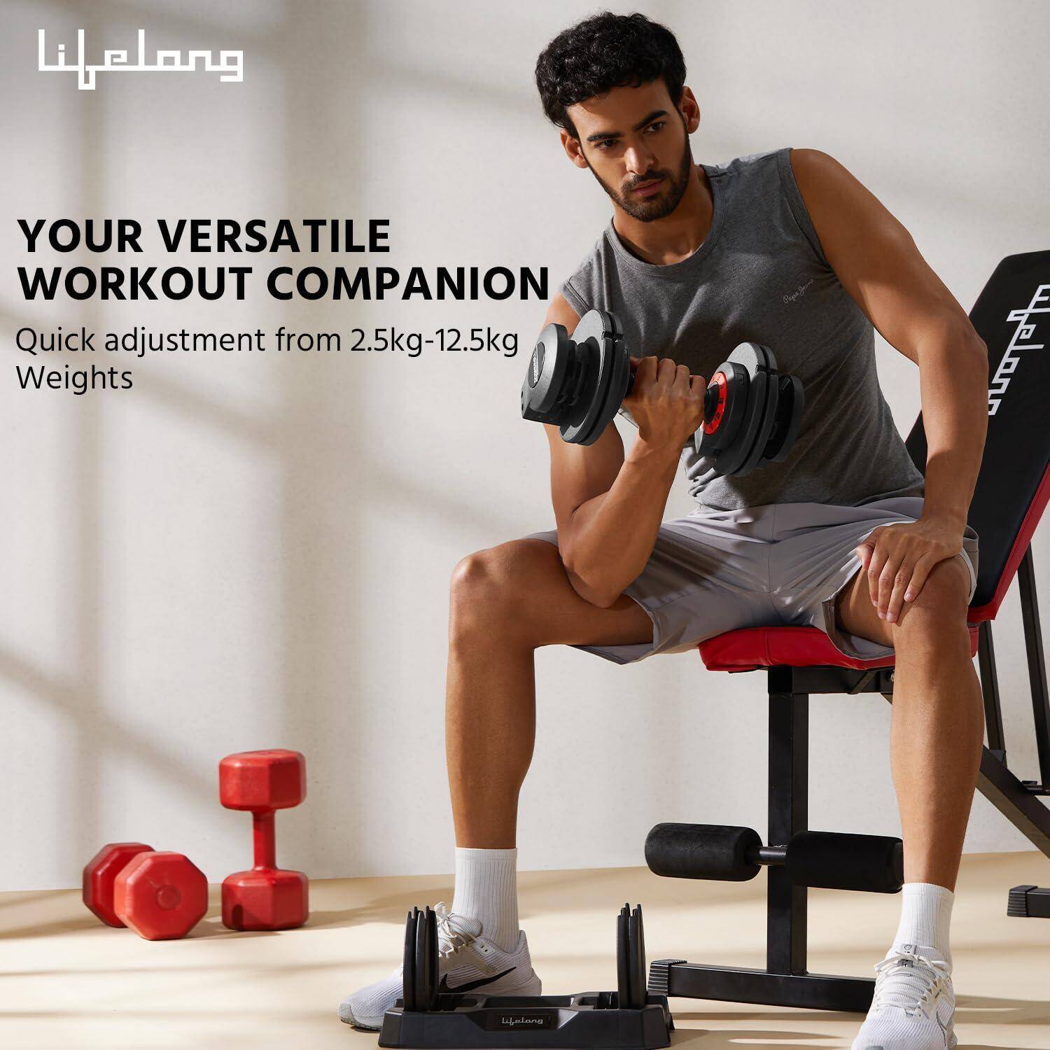 Lifelong Iron Single Adjustable Dumbbells Set For Men&Women|Home Gym Equipment For Fitness&Home Workout|Gym Dumbbells|Easy Weight Adjustment (2.5Kg To 12.5Kg)-Black, Llad02 -  2