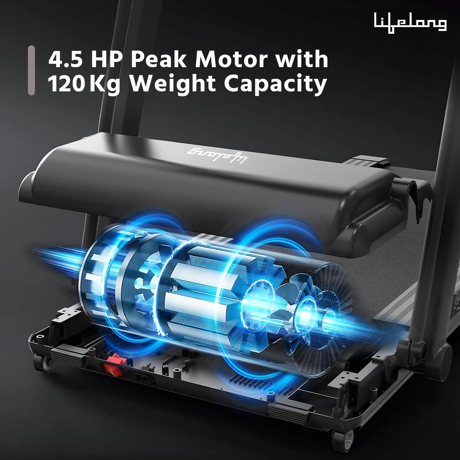 Lifelong Treadmill for Home Use - 4.5 HP Peak Motorized Foldable Treadmill, 3 Level Manual Incline with Max Running Speed 14 km/