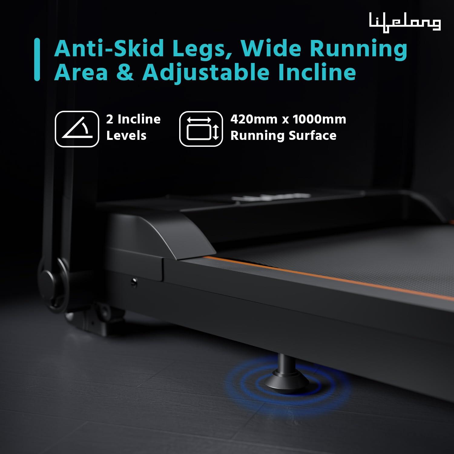 Lifelong Treadmill for Home with Desk - 2.5 HP Peak Motorised Walking Pad, 2 Manual Inclines, 12 Fitness Presets, Speed 14 km/hr