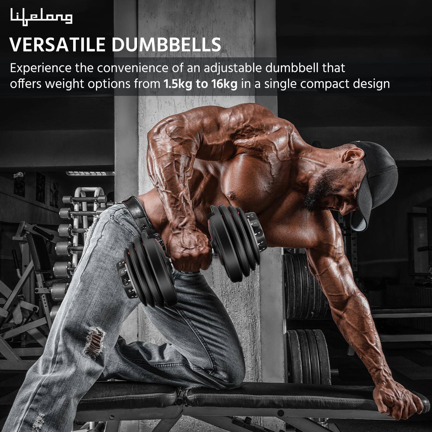 Lifelong Adjustable Dumbbell for Home Gym - 1.5kg to 16kg Easy Dumbbell Weight Adjustment - Iron Weights - Gym Equipment suitable for fitness workout at Home for Men & Women, Black (LLAD03) -  4