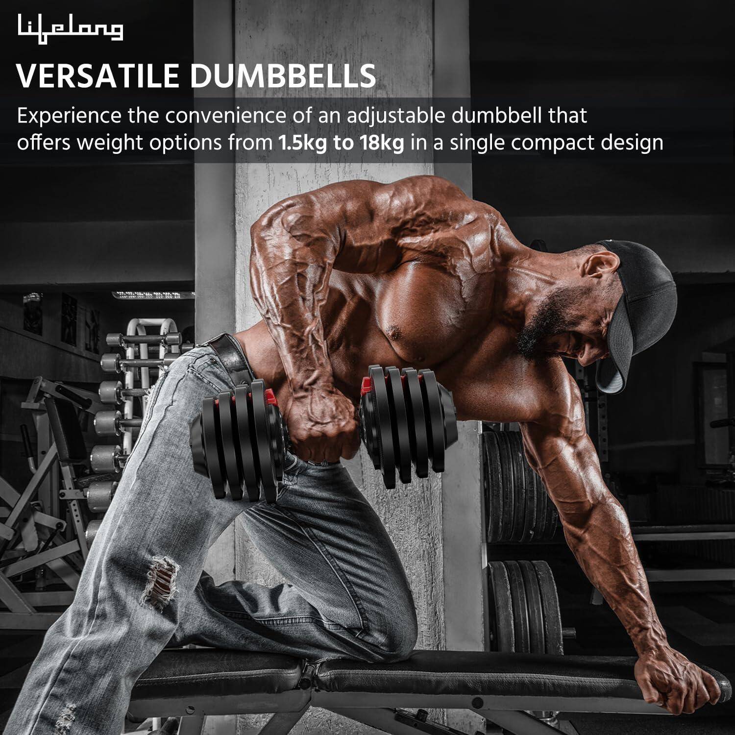 Lifelong Adjustable Dumbbell for Home Gym - 1.5kg to 18kg Easy Dumbbell Weight Adjustment - Iron Weights - Gym Equipment suitable for fitness workout at Home for Men & Women, Black (LLAD04) -  4