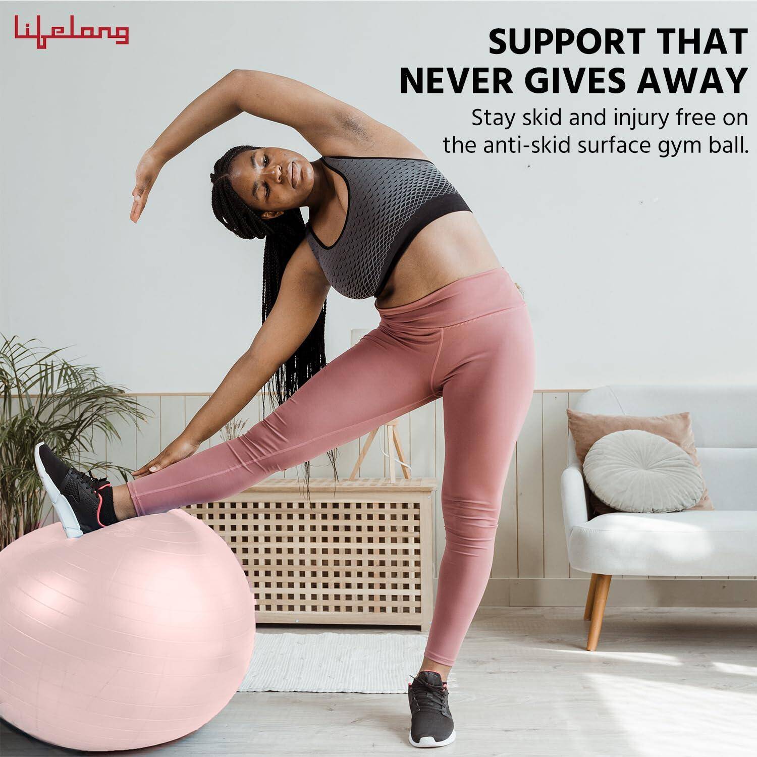Lifelong Gym Ball for Exercise-Anti Burst Exercise Ball with Foot Pump- Fitness Yoga Ball,Physiotherapy Ball,Birthing,Pregnancy&Labor Ball,Swiss Ball,Pilates Ball,Balance&Stability Ball,55 Cm, Pink -  3