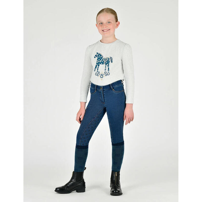 Pantaloni echitație Shona Denim Full Grip copii