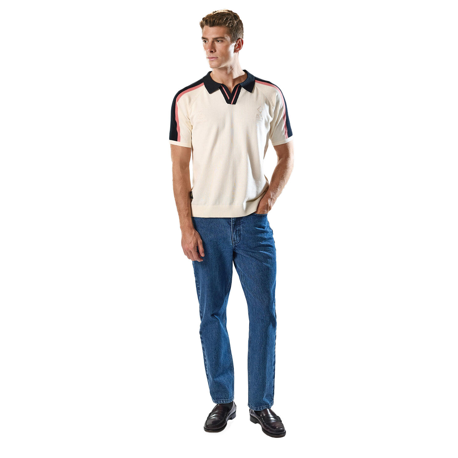 Mens Palet Percival Knitted Stripes Football Polo Shirt (White) 3/3