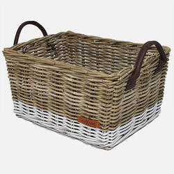 Panier-caisse gris avec fond blanc et poignées en cuir