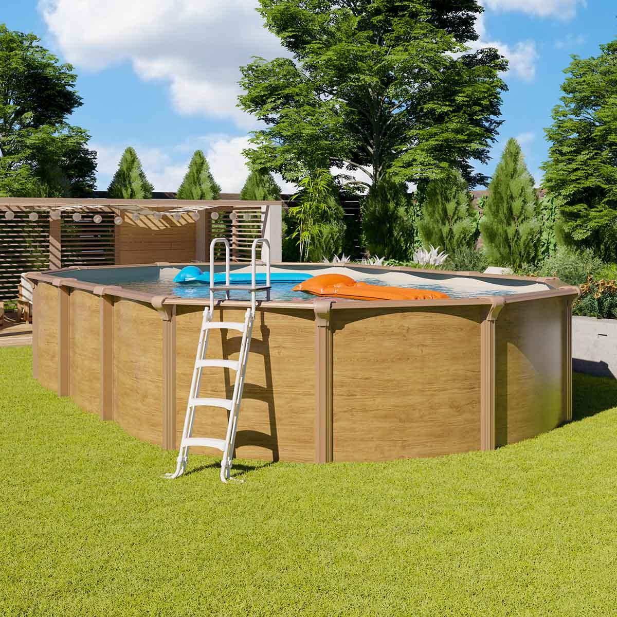 Piscine hors sol acier ovale 7,60 x 4,55 x 1,32 m aspect bois OSMOSE 2/7