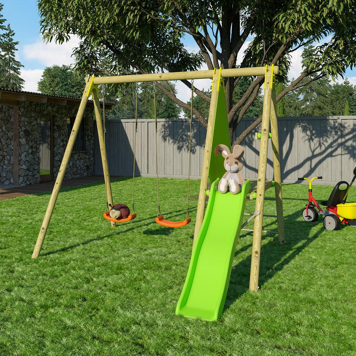 Portique bois avec 2 balançoires + 1 plateforme avec toboggan 6/7