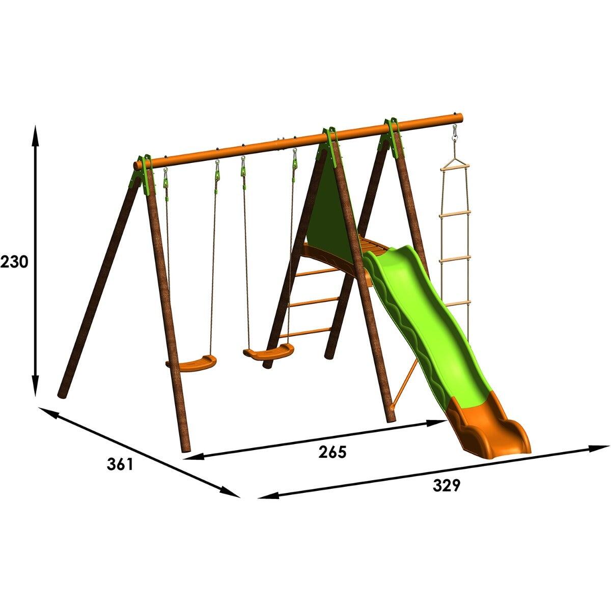Portique bois-métal avec 2 balançoires + 1 échelle de corde + 1 plateforme avec 3/7