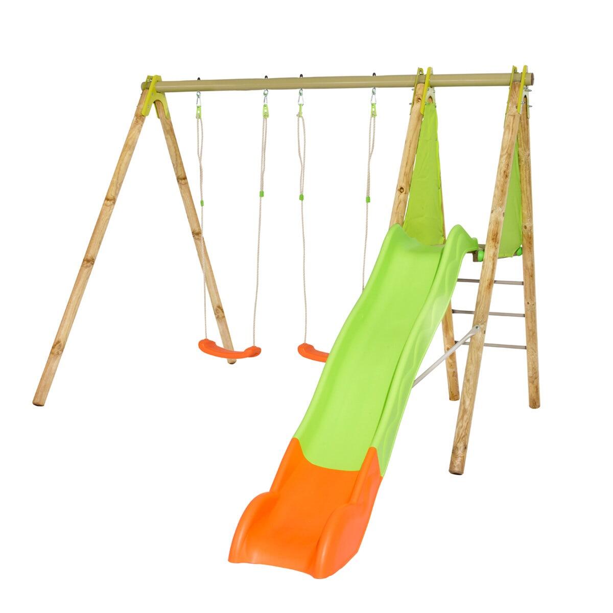 Trigano - Station De Jeux Bois Poutre Métal 2,30 M Techwood Arroba - 4 Enfants - Balançoire - Beige|kaki - Taille Unique - Decathlon