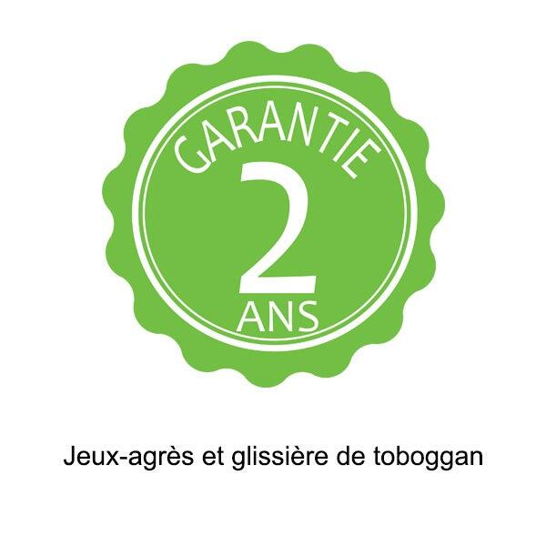 Portique bois avec 2 balançoires + 1 plateforme avec toboggan + 1 siège face à 8/9