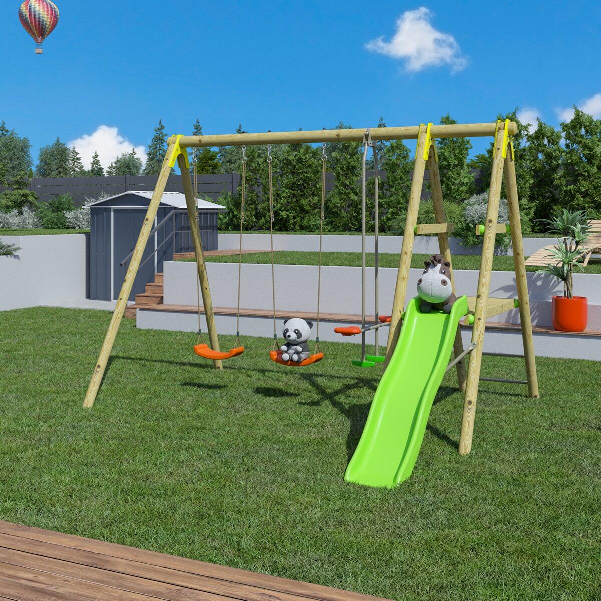 Portique bois avec 2 balançoires + 1 plateforme avec toboggan + 1 siège face à 6/7