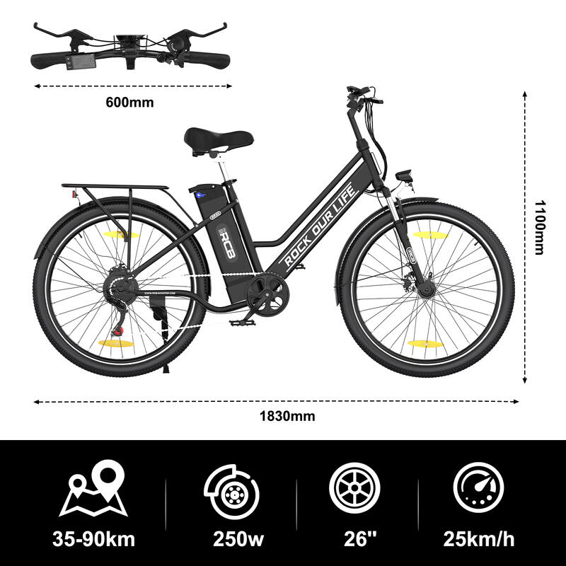 Elektrische Fiets Volwassenen 26" E-Bike, Bereik 35-90 km, RCB-RK8S