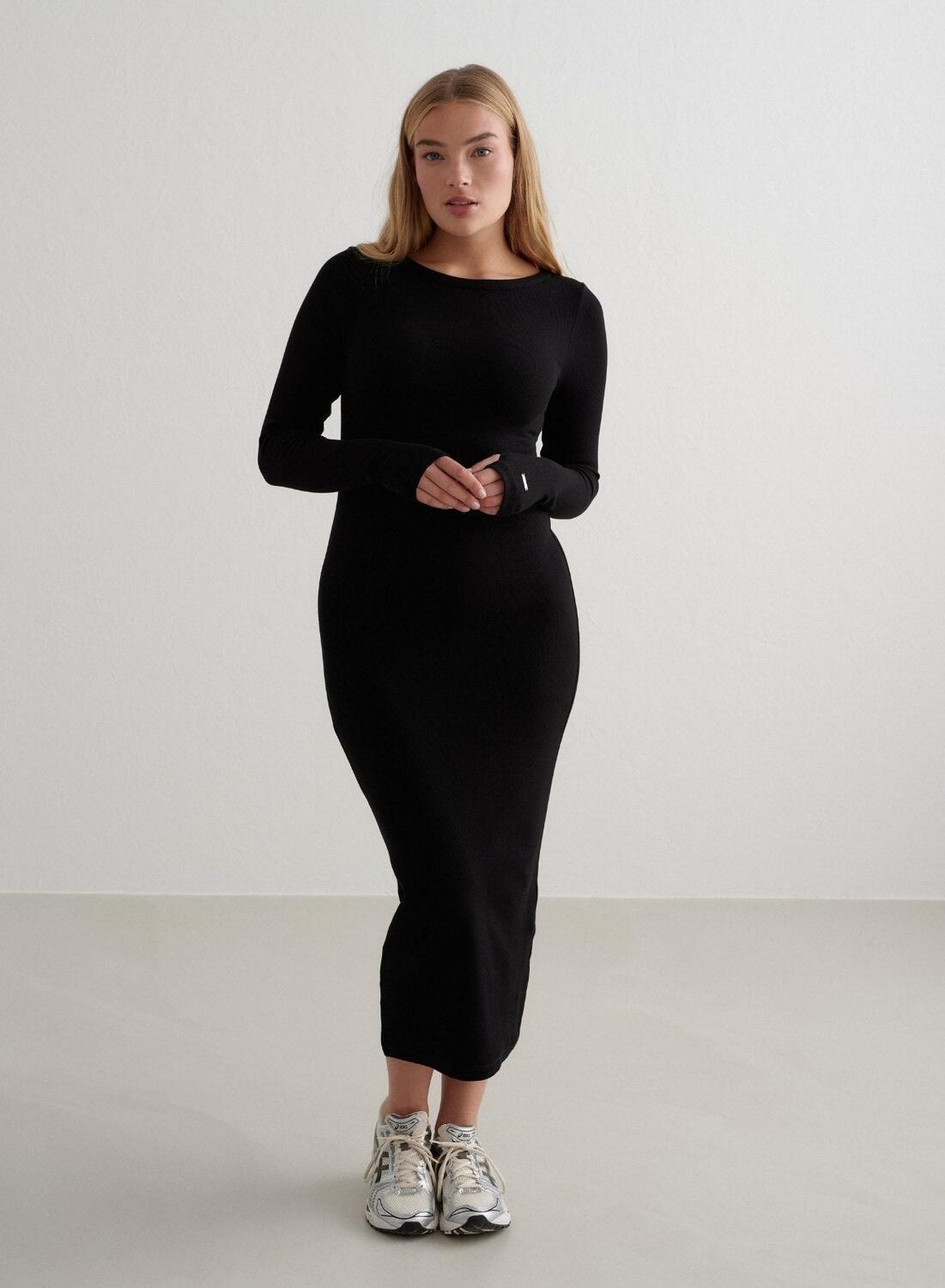 Robe Casual Femme Côtelée Manches Longues Noir