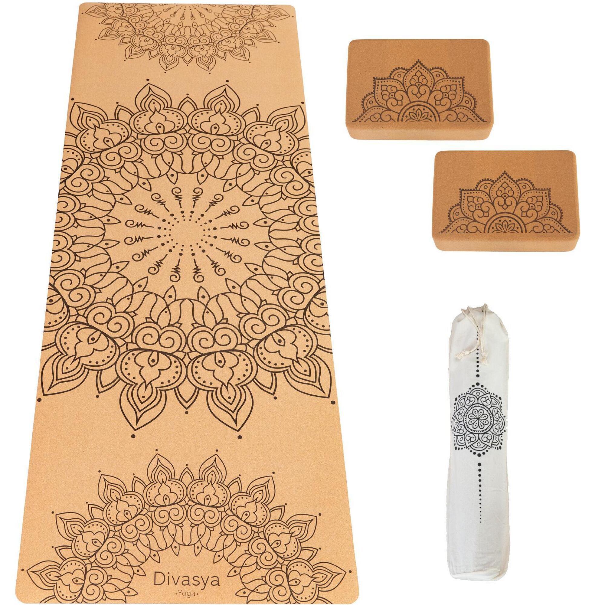 Divasya - Tapis De Yoga En Liège En Set Avec 2 Blocs De Yoga Et Sangle | 3 Modèles De Yoga - Tapis De Yoga - Marron - 183 Cm - Decathlon