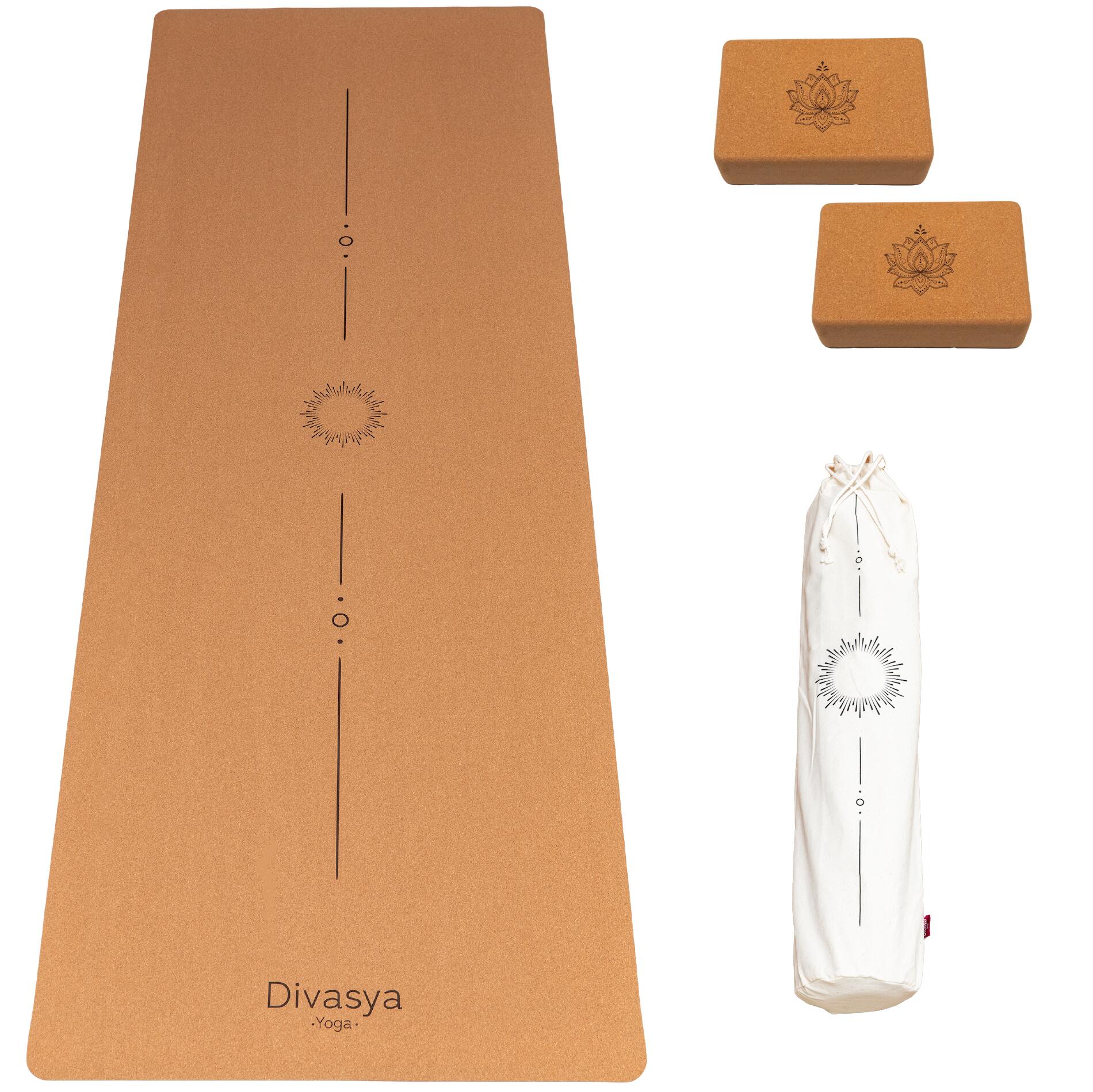 Divasya - Tapis De Yoga En Liège En Set Avec 2 Blocs De Yoga Et Sangle | 3 Modèles De Yoga - Tapis De Yoga - Marron - 183 Cm - Decathlon