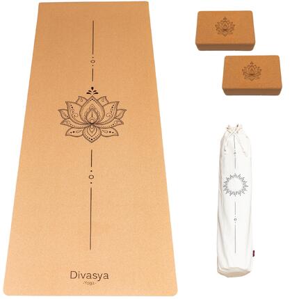 Tapis de yoga en liège en SET avec 2 blocs de yoga et sangle | 3 modèles de yoga