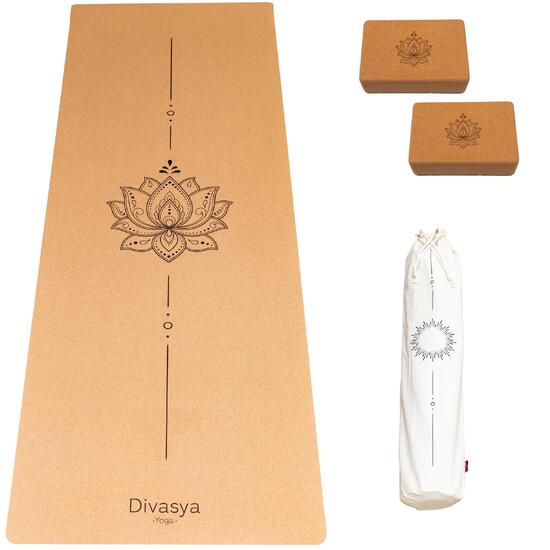 Tapis de yoga en liège en SET avec 2 blocs de yoga et sangle | 3 modèles de yoga