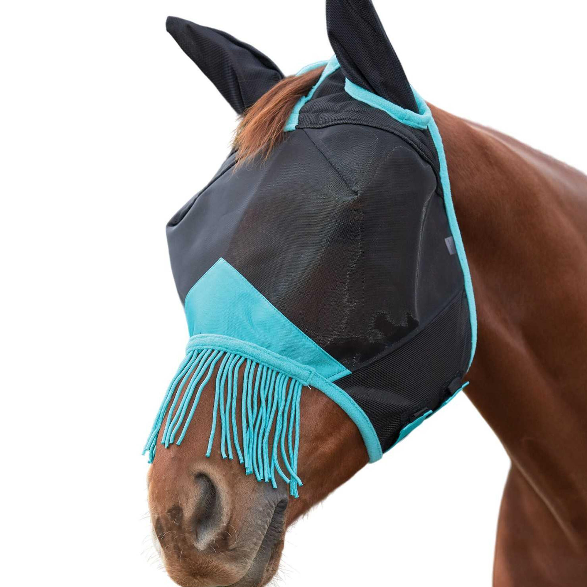 Comfitec Deluxe Tassel Fine Mesh Horse Fly Mask With Ears (Black/Turquoise) 2/2