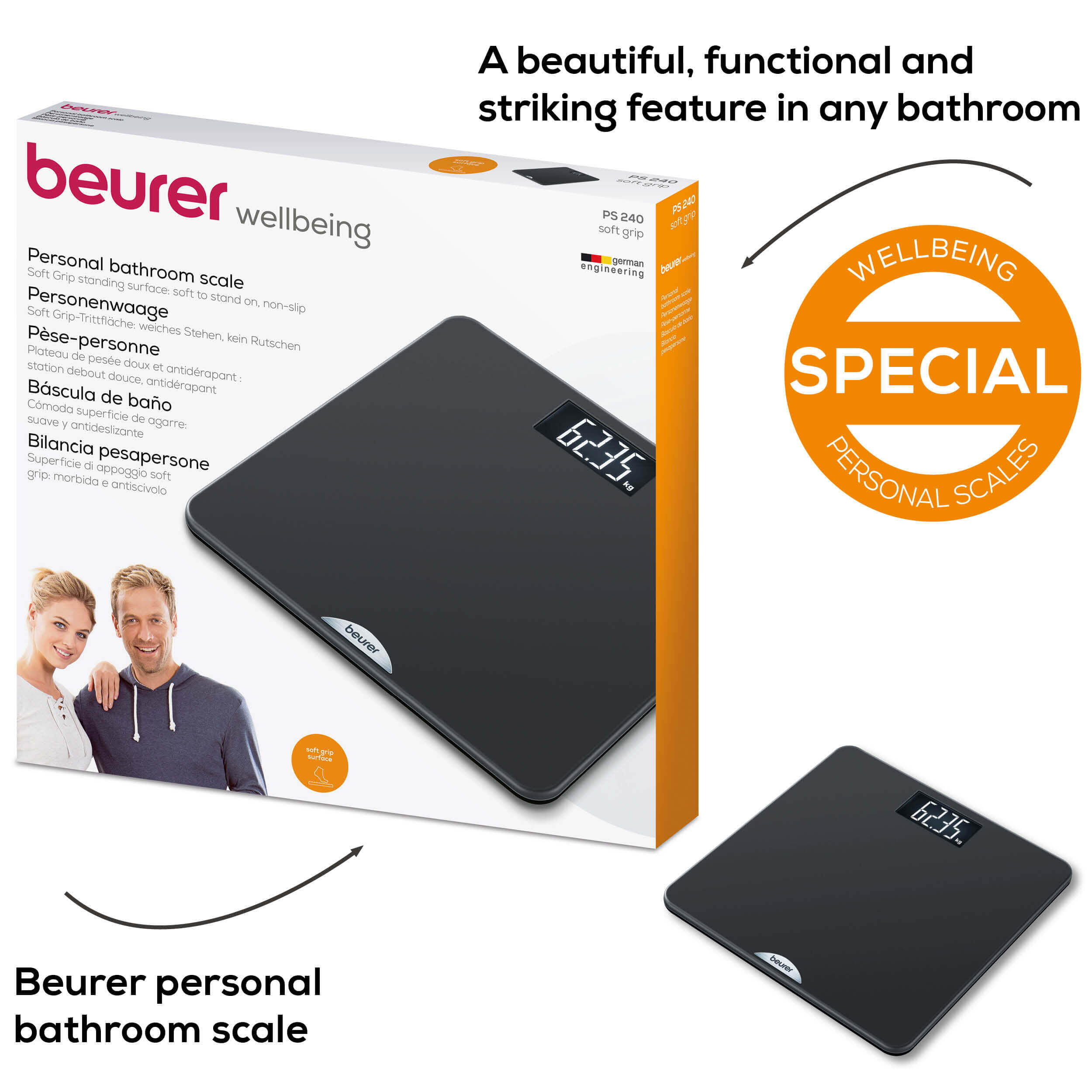 Balance Beurer PS 240 Soft Grip – Plateau Caoutchouté, écran LCD XXL, 180 Kg, Précision 50 G