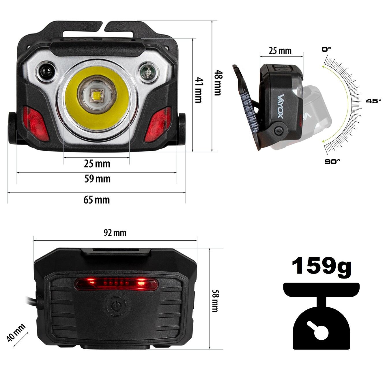 Torcia frontale Vayox VA0103 1200 lm, SST40 10W 6500K, ricaricabile, USB-C 5/7