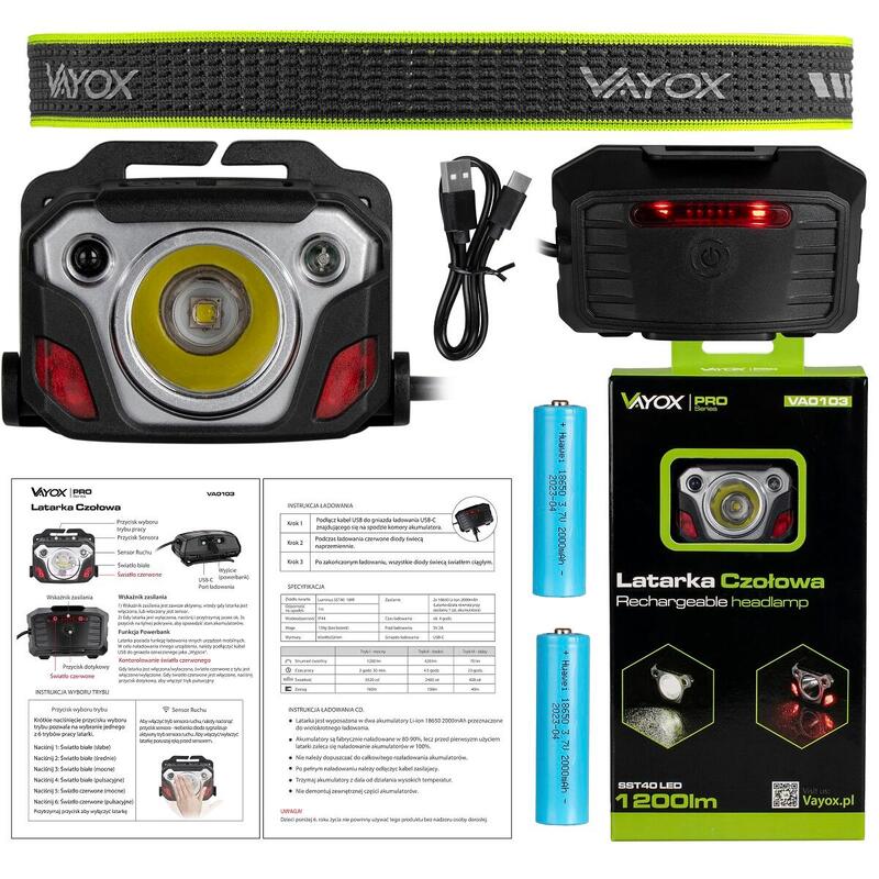 Homlok lámpa Vayox VA0103, 1200 lm, SST40 10W 6500K, akkumulátoros, USB-C