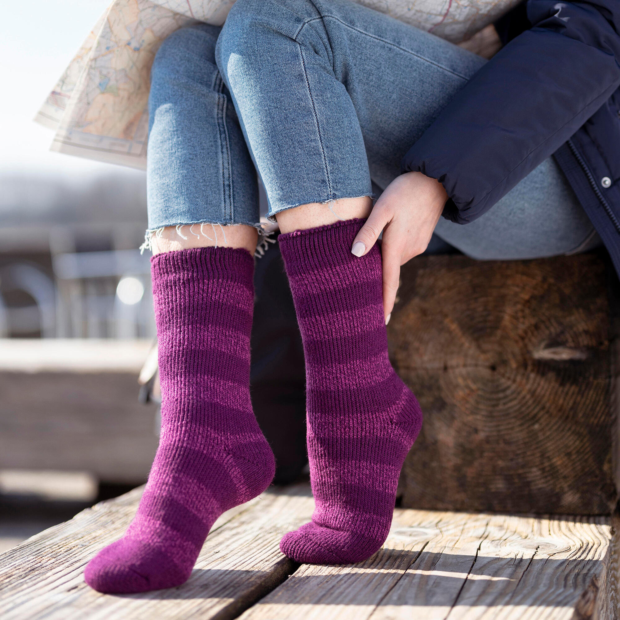 Ladies Wide Stripe Patterned Thermal Socks for Winter 3/6