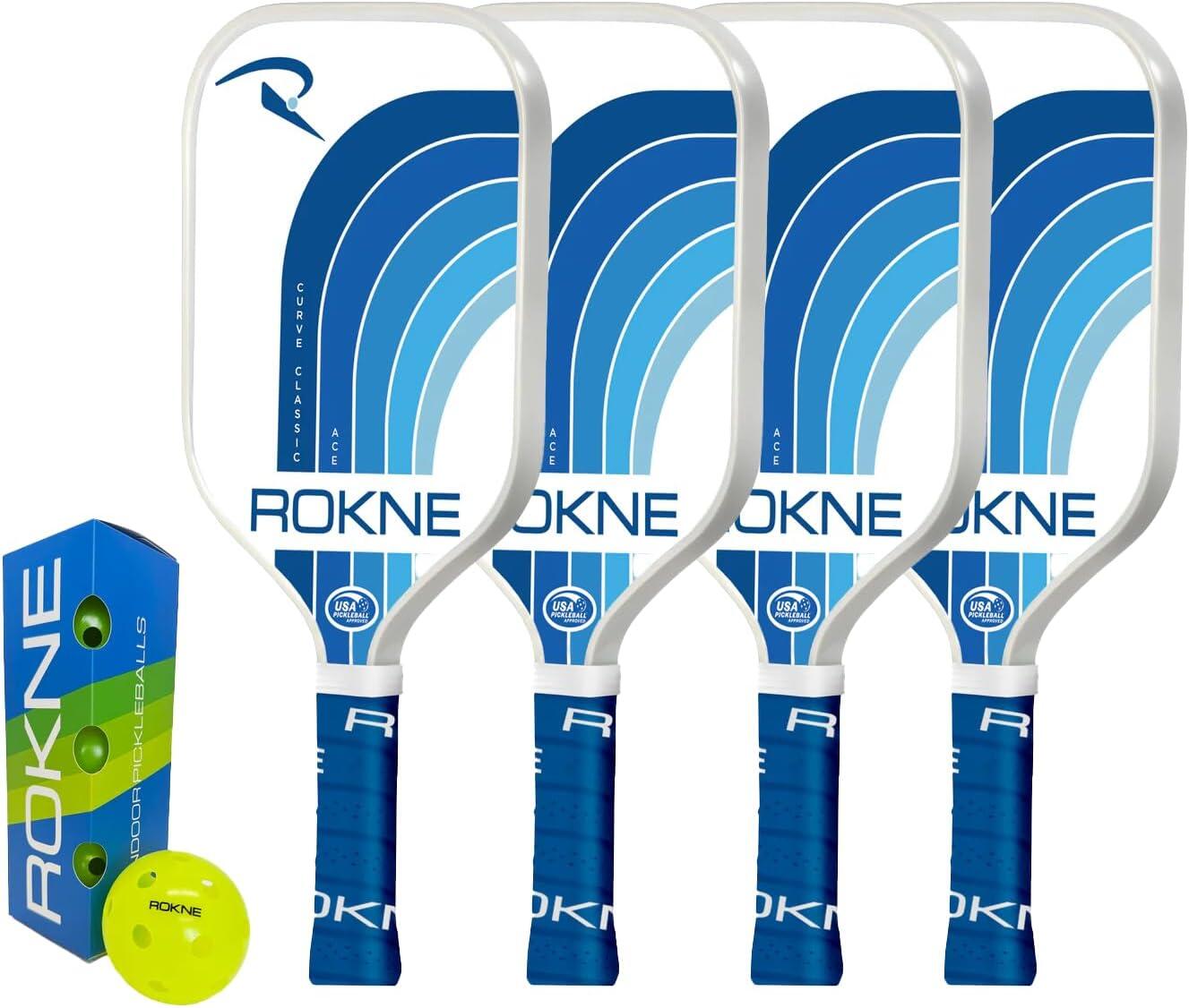 ROKNE PICKLEBALL ROKNE Classic Curve ACE Pickleball 4 Player Blue Paddle Set & Balls