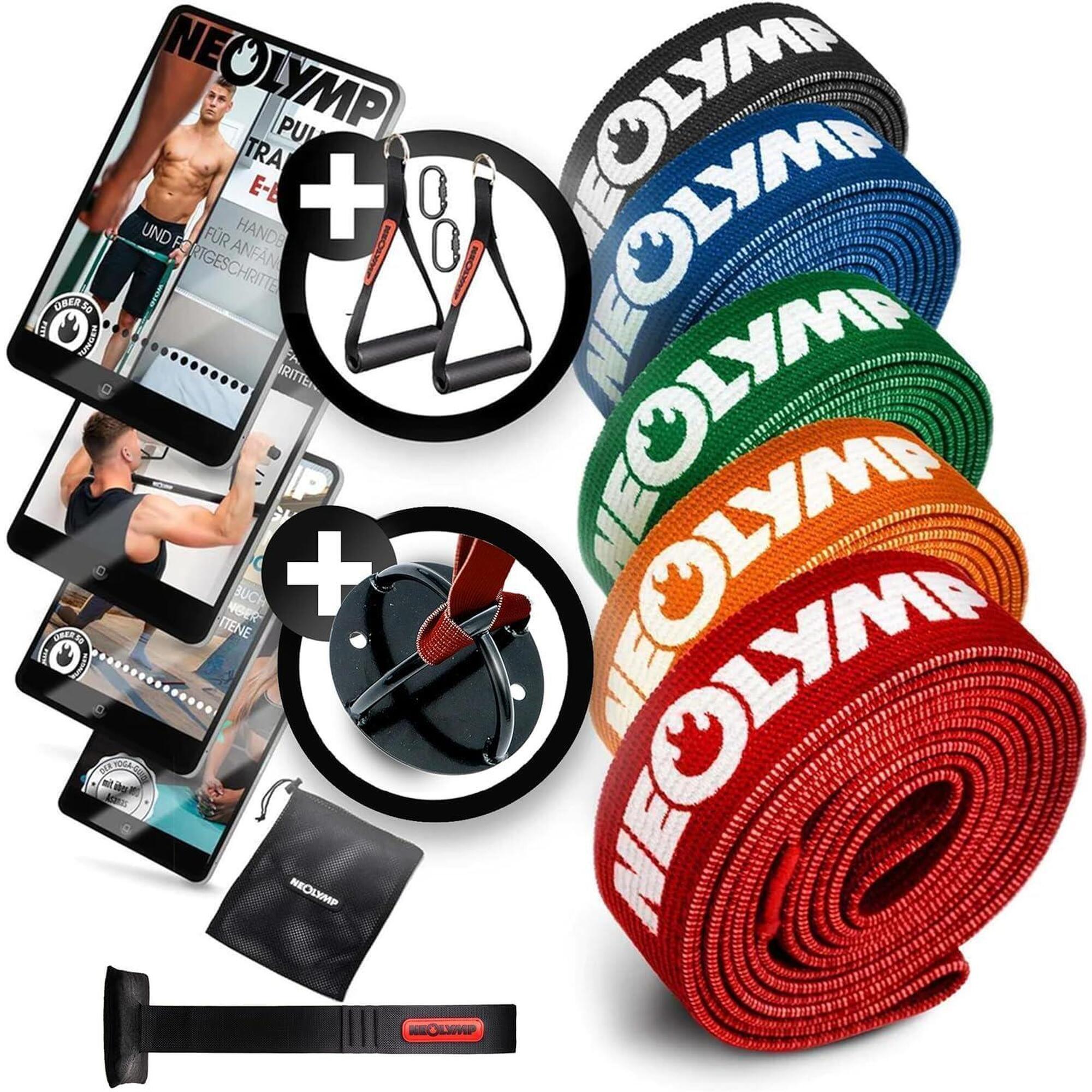 NEOLYMP Sada fitness pásů z látky – 5 odporů, nástěnná kotva a prodloužení rukojeti