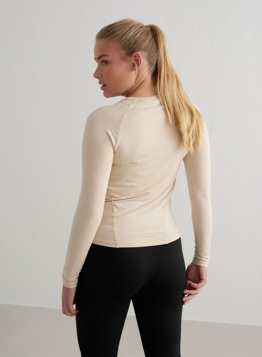 Femme T-shirt Manches Longues Doux Évacuant l'humidité Beige 3/4