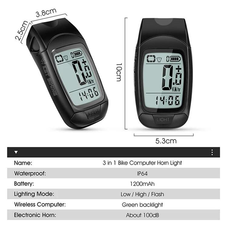 Ordinateur de Vélo 3en1 Phare Klaxon Compteur