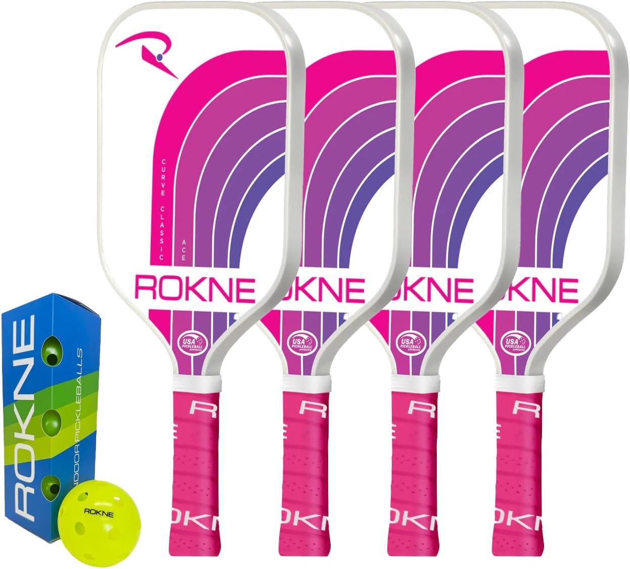 ROKNE PICKLEBALL ROKNE Classic Curve ACE Pickleball 4 Player Pink Paddle Set & Balls