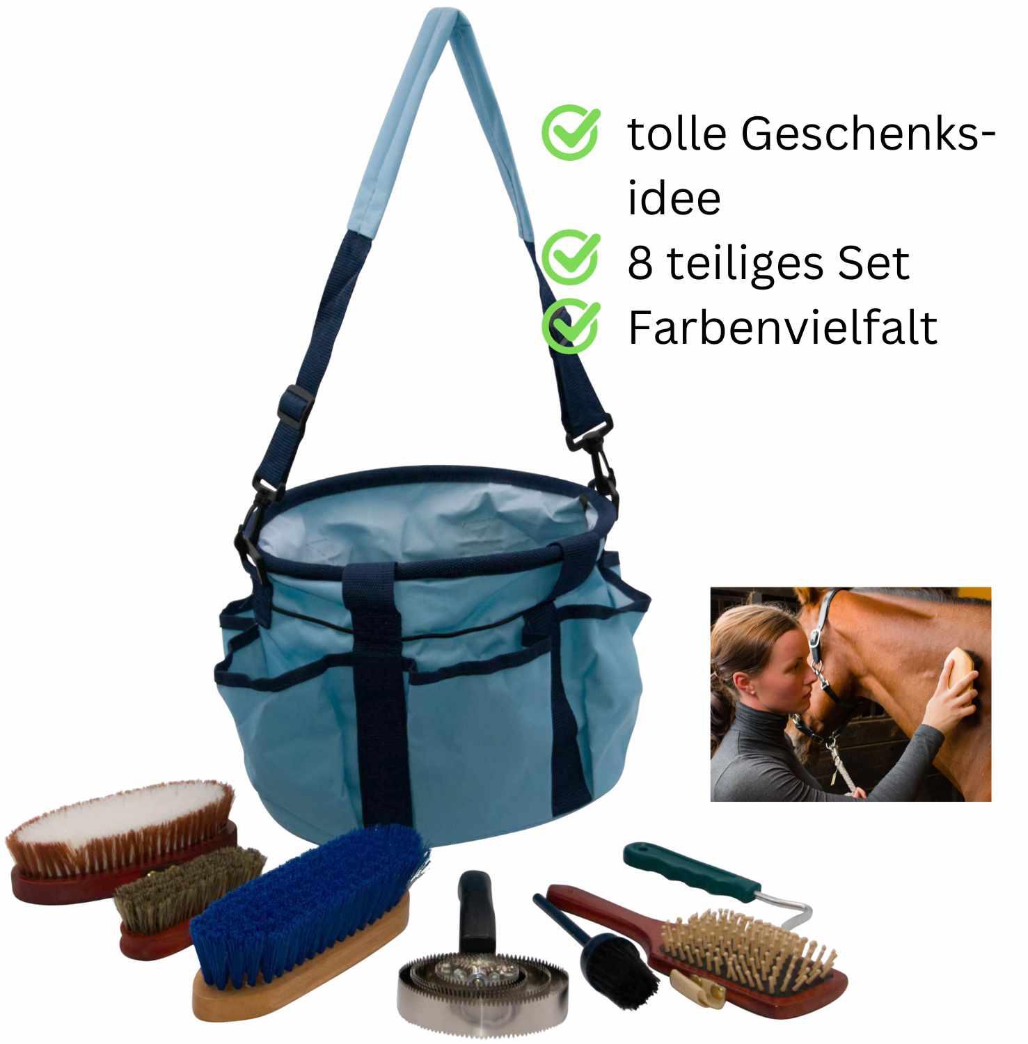 AMKA Putztasche 8 teiliges Set komplett mit 4 Bürsten, Hufpinsel, Hufkratzer und 3/4