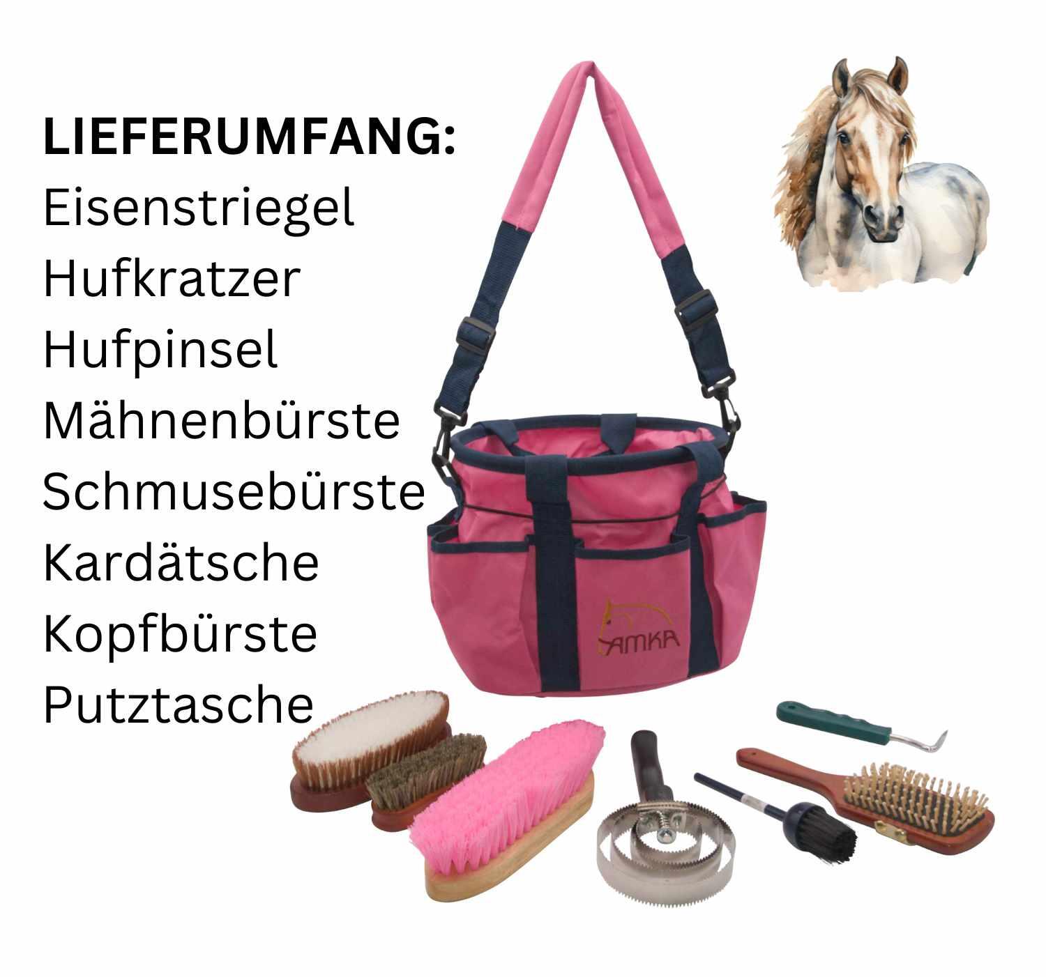 AMKA Putztasche 8 teiliges Set komplett mit 4 Bürsten, Hufpinsel, Hufkratzer und 4/4