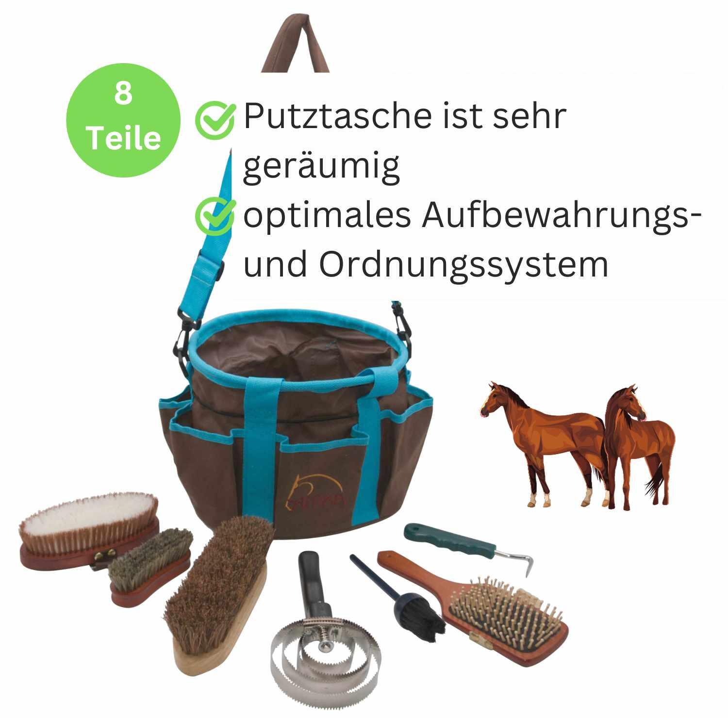 AMKA Putztasche 8 teiliges Set komplett mit 4 Bürsten, Hufpinsel, Hufkratzer und 2/4