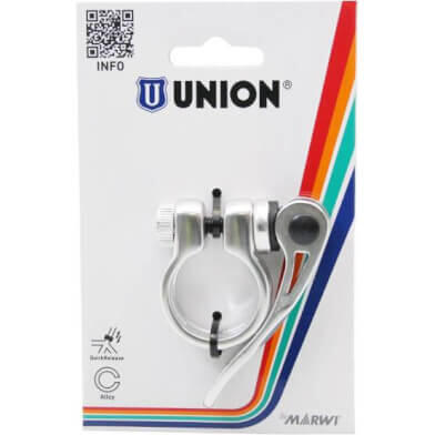 Stijlvolle union zadelpenklem met snelspanner 28,6 mm in zilver
