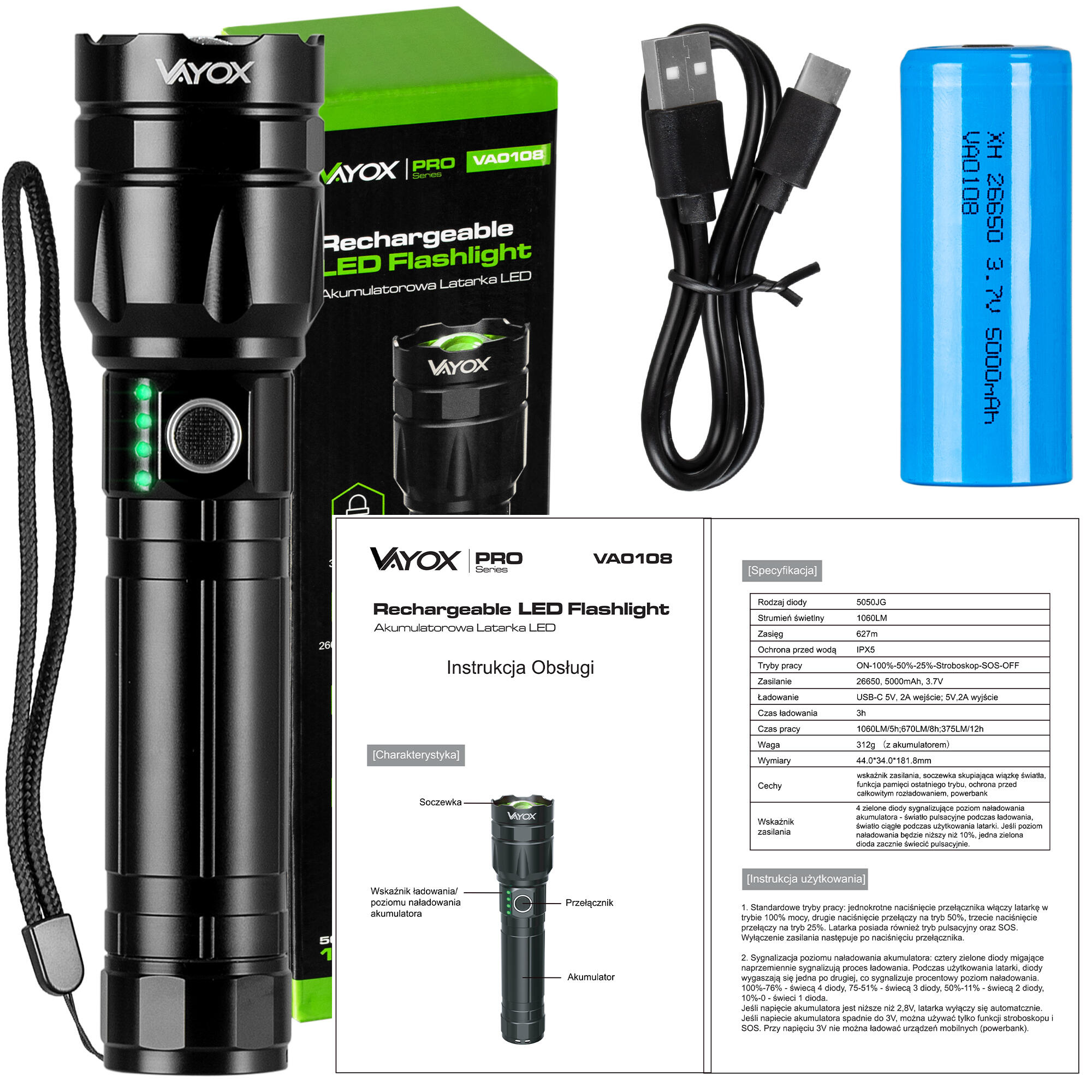 Torcia manuale Vayox VA0108 USB-C ZOOM 1060 lm 7/8