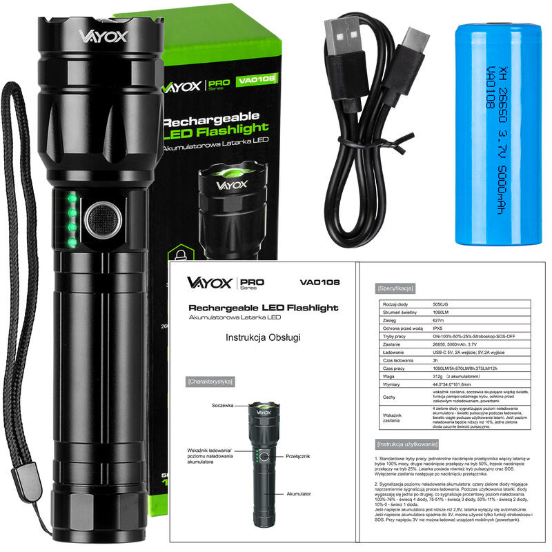 Latarka ręczna Vayox VA0108 USB-C ZOOM 1060lm